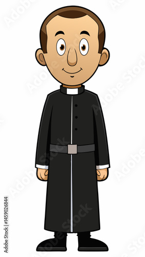 Cartoon priest smiling in black robe against a white background  