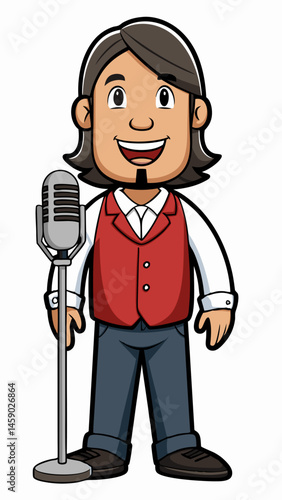 Happy radio host speaking into a microphone  