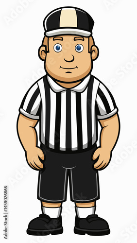 Cartoon referee standing confidently in sports attire  