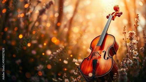 Wallpaper Mural Ein Cello steht im goldenen Sonnenlicht umgeben von Blumen – verträumt, romantisch und voller Musikgefühl. Torontodigital.ca