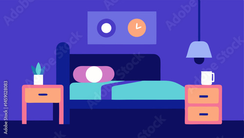 Health Monitoring Room A bedroom with a smart bed that tracks sleep patterns and a wearable device on the bedside table. The room emits a calming color to indicate a restful
