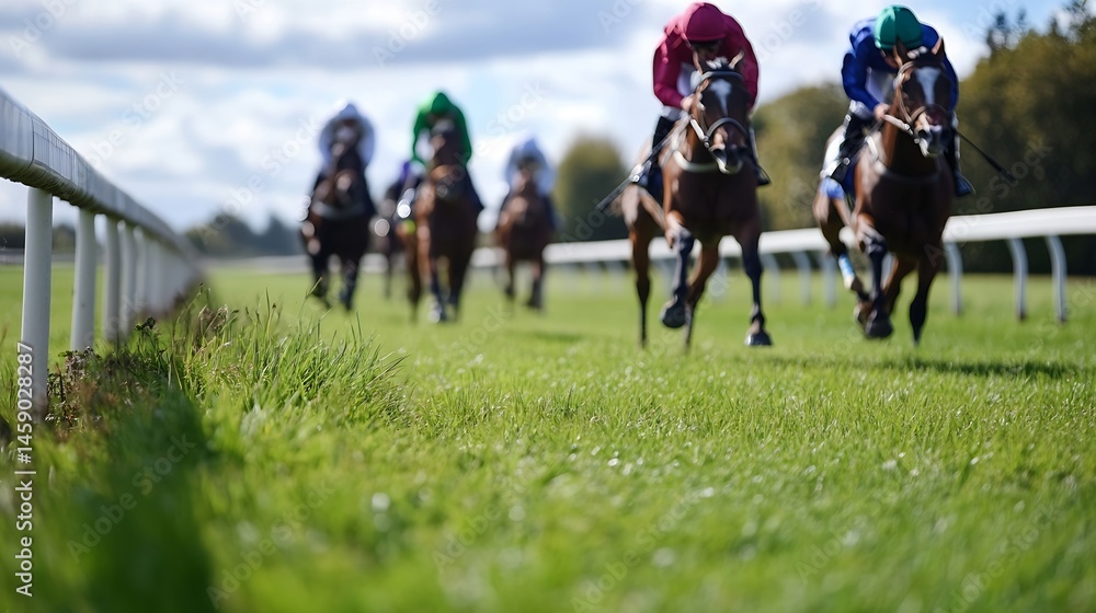 Fototapeta premium Blurred action shot of horse race, jockeys in colorful silks riding thoroughbreds, close-up on green grass and white fence. : Generative AI