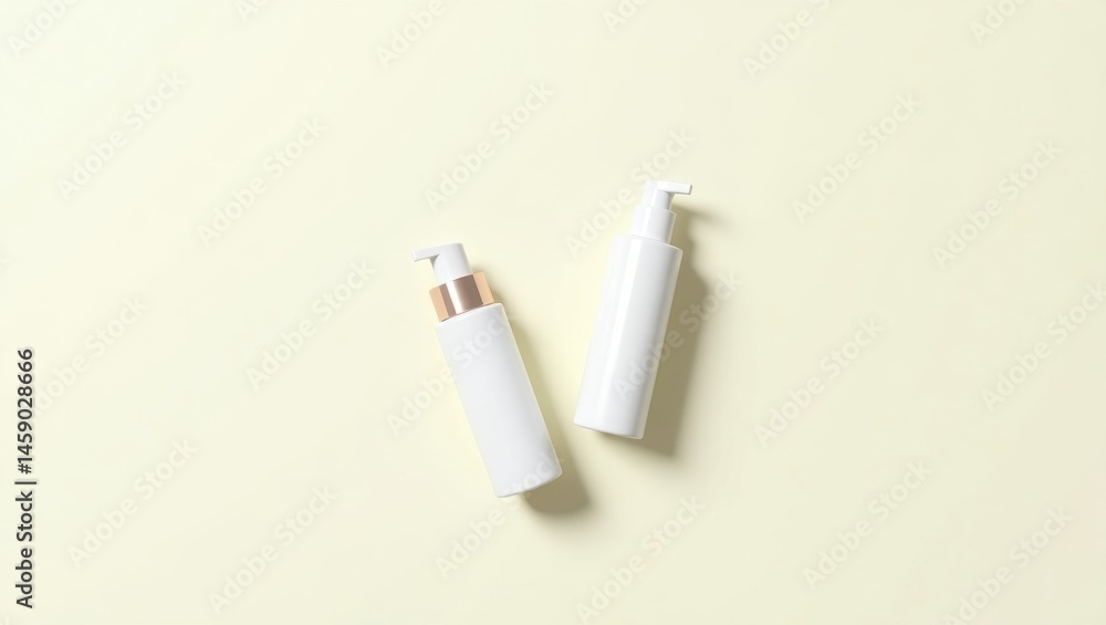 White bottles. Minimalist white cosmetic bottles with pumps standing on soft beige surface, skincare product presentation for beauty brand advertising, health care, and wellness promotion, clean back White bottles. Minimalist white cosmetic bottles with pumps standing on soft beige surface, skincare product presentation for beauty brand advertising, health care, and wellness promotion, clean back