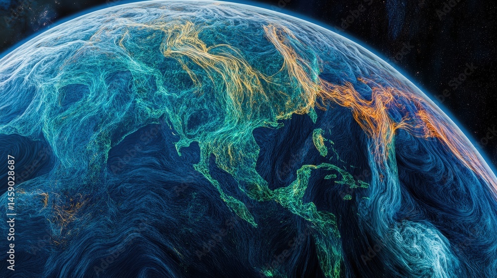 Fototapeta premium digital rendering of Earth from space, showing the continents in vivid detail, with ocean currents visible and a clear view of the planet's curvature.