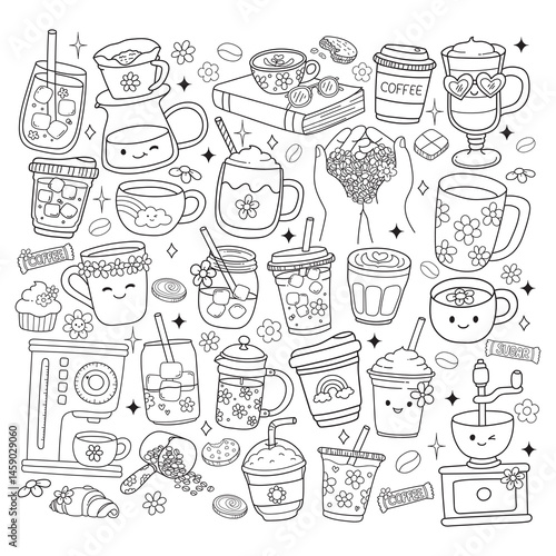 Groovy Coffee Lover, Barista Coffee Shop Supplies Doodle Cartoon Style Hand Drawn Elements Outline Coloring Page Vector