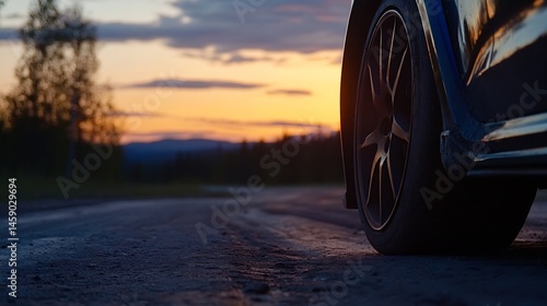 Wallpaper Mural Close-up of a dark-colored car tire on a gravel road at sunset, the warm light illuminating the wheel and the blurred background showing a tranquil landscape. : Generative AI Torontodigital.ca