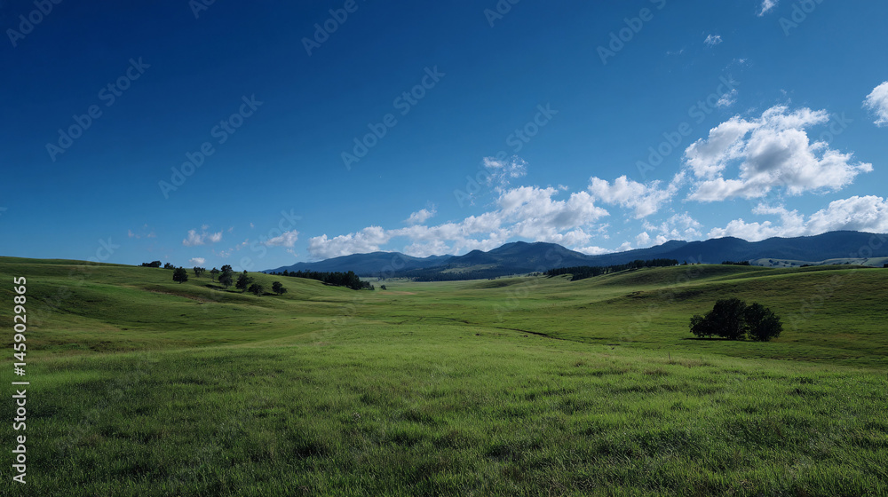 Naklejka premium Vast Blue Sky Over Rolling Green Meadow Sunlit Landscape Peaceful Countryside View Open Fields Gentle Breeze Nature Scenery