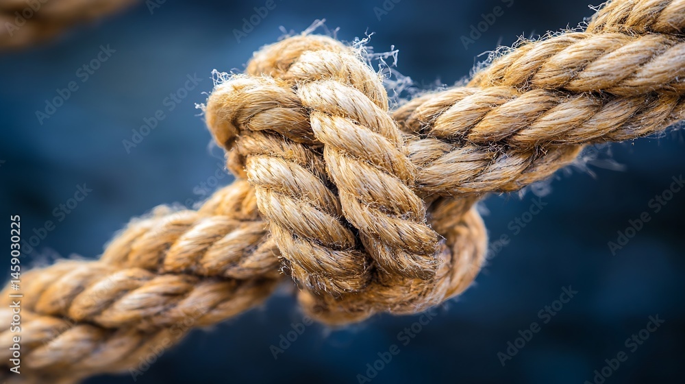 Close-up view of a knotted beige rope, showcasing its texture and intricate detail against a blurred navy blue background. The fibers are visible, creating a rustic and detailed image. : Generative AI Close-up view of a knotted beige rope, showcasing its texture and intricate detail against a blurred navy blue background. The fibers are visible, creating a rustic and detailed image. : Generative AI