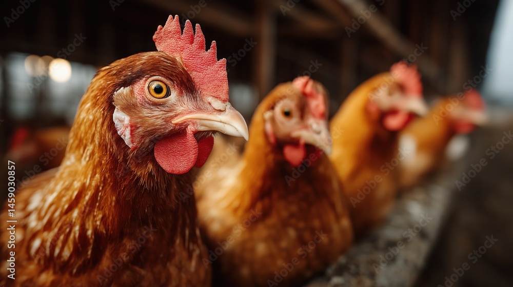 Fototapeta premium Close-up of brown chicken looking at camera inside a poultry farm with other hens in background, representing biosecurity issues and potential avian flu vectors in egg production systems