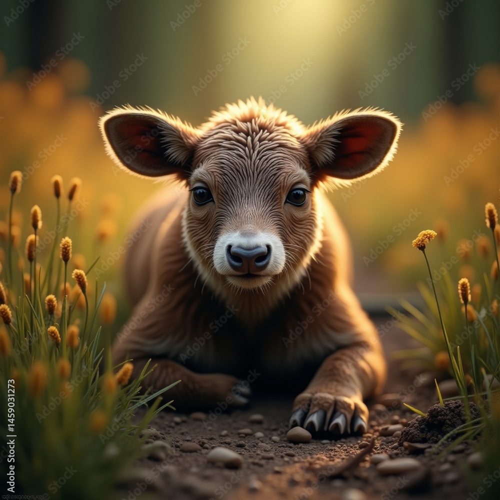 Fototapeta premium Baby calf lying in grass with yellow flowers around it