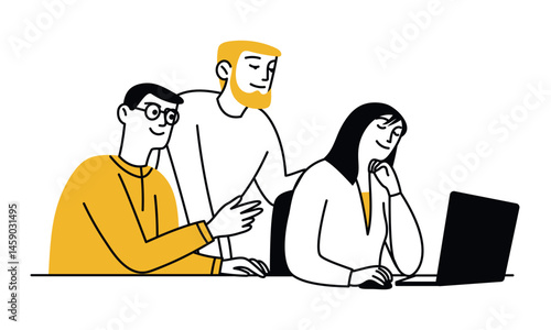 People using laptop, working on project. Business concept. Digital technology. Vector isolated doodle illustration, simple style