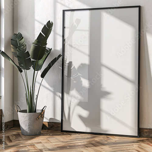frame mockup poster is leaning on a white wall with plant decoration