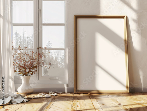 frame mockup poster is leaning on a white wall with plant decoration