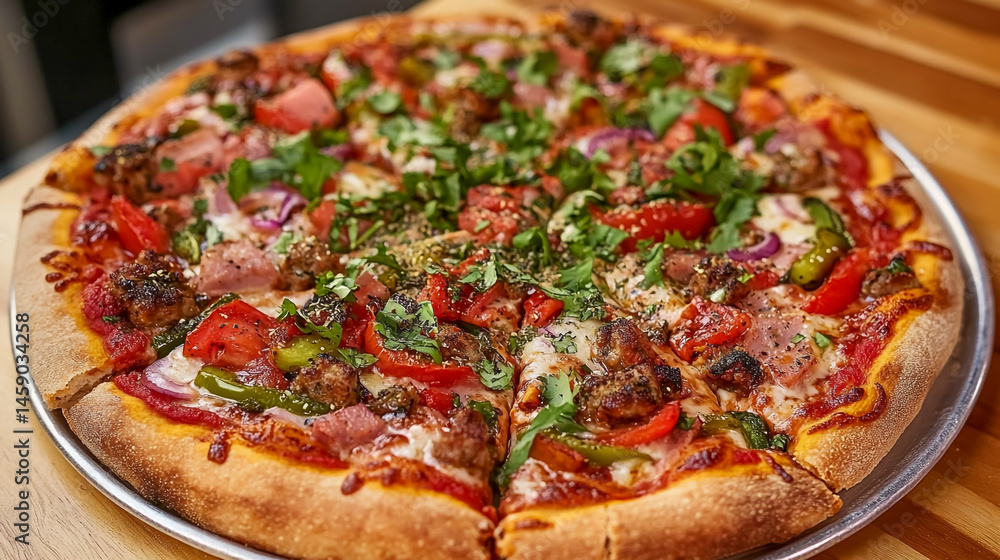 A top view of a delicious pizza with various toppings and vegetables. A top view of a delicious pizza with various toppings and vegetables.