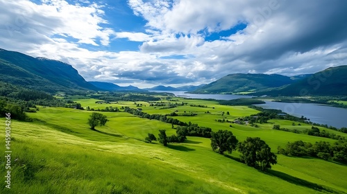 Serene landscape showcasing vibrant green pastures, rolling hills, and a tranquil lake nestled between majestic mountains under a partly cloudy sky. : Generative AI