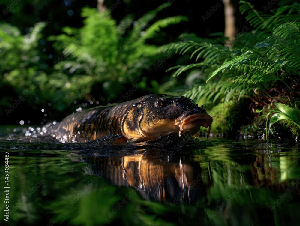 Fototapeta premium Large dark-colored fish, possibly a carp, swimming in shallow water with lush green ferns and water droplets