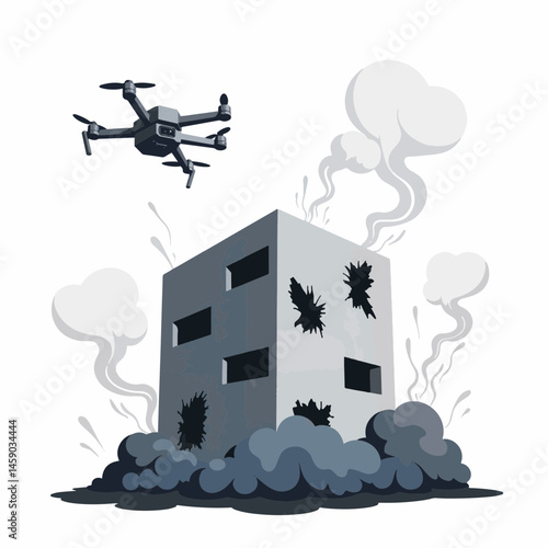 Sleek drone navigating damaged building amidst swirling smoke, resilience