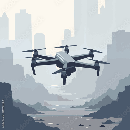 Sleek drone hovering over smoky cityscape, modern technology