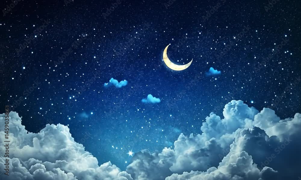 A dreamy celestial illustration featuring a crescent moon and glowing stars. The fantasy-inspired night sky offers copy space, making it ideal for kids’ wallpaper, storytelling, or relaxation themes.. A dreamy celestial illustration featuring a crescent moon and glowing stars. The fantasy-inspired night sky offers copy space, making it ideal for kids’ wallpaper, storytelling, or relaxation themes..