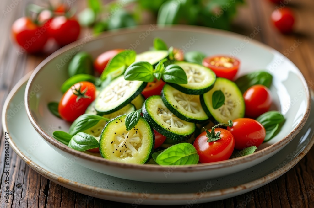 Fresh garden salad with cucumbers, tomatoes, basil Fresh garden salad with cucumbers, tomatoes, basil