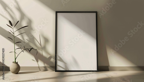 Blank frame mockup leaning on white wall in modern interior with decoration