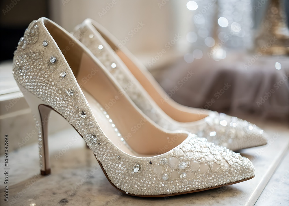 Obraz premium A photo featuring a pair of high-end women's shoes with a plush, sparkling finish, reminiscent of a glamorous, upscale fashion setting. The shoes are showcased prominently on a surface, with a close-u