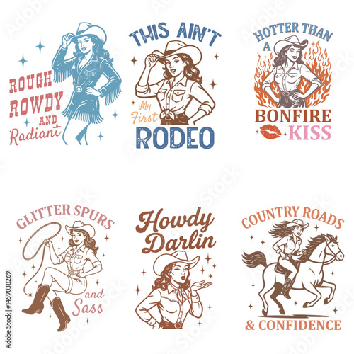 Vintage Western CowGirl pack - Western Cowgirl Typography T-Shirt Vector, Vintage Western Cowgirl Design Sublimation, Vintage Western Pinup illustration
