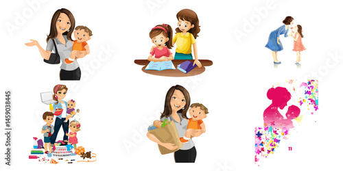 Joyful Mother's Day Vector Art: Happy Moms with Children Illustrations PNG

