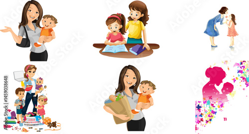 Joyful Mother's Day Vector Art: Happy Moms with Children Illustrations PNG

