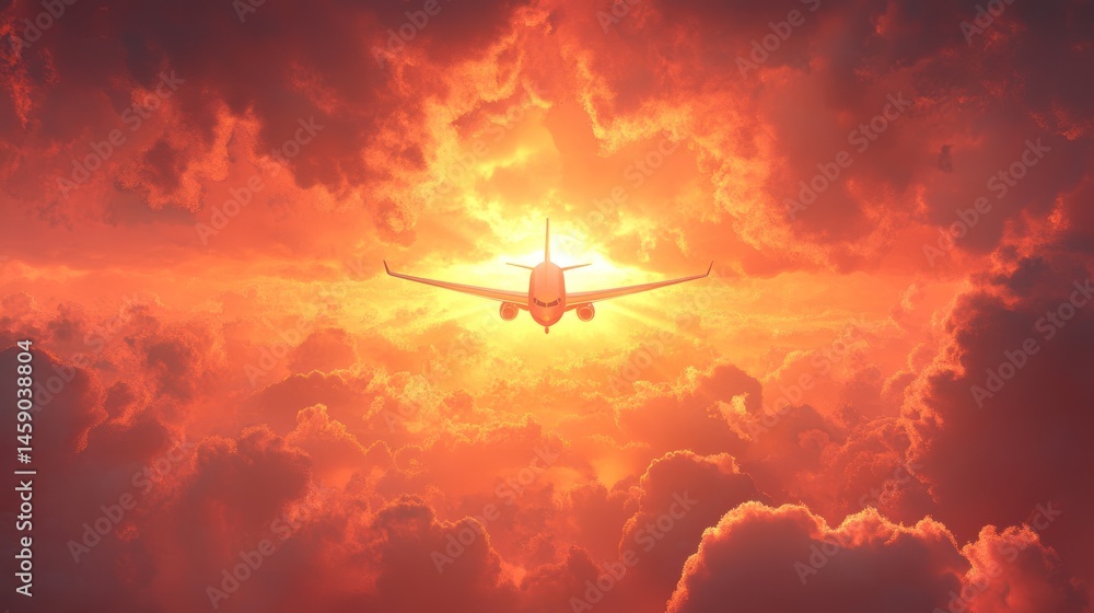 Naklejka premium Airplane flying through dramatic sunset sky