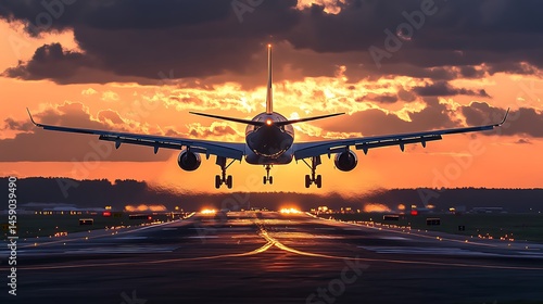 Majestic Sunset Airplane Landing: A Breathtaking View of an Airplane Touching Down on a Runway During a Vibrant Sunset