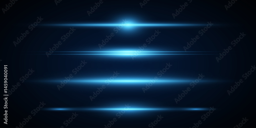 Set of blue neon light lines.Horizontal flash.Vector EPS 10. Set of blue neon light lines.Horizontal flash.Vector EPS 10.