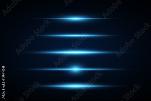 Set of blue neon light lines.Horizontal flash.Vector EPS 10.
