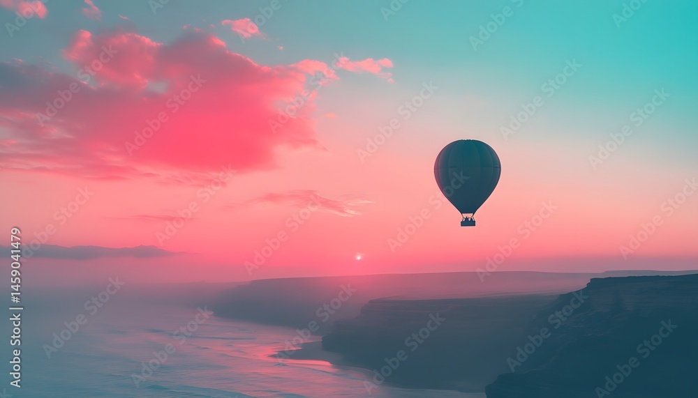 Silhouette hot air balloon over dramatic coastal sunset. Silhouette hot air balloon over dramatic coastal sunset.