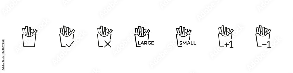 Fototapeta premium Fries vector outline fast food icons. Large and small packaging, add one or delete one icon set. French fries icons with portion size options
