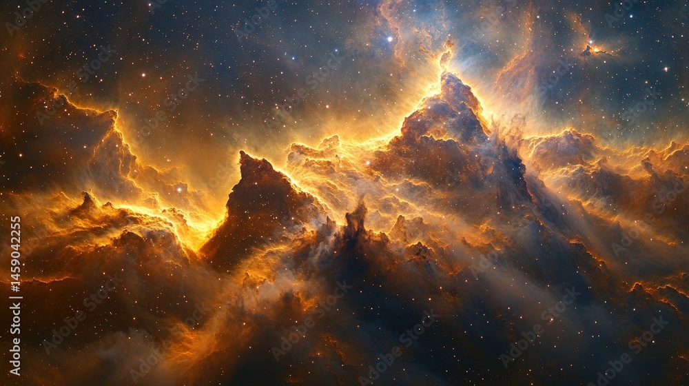 Naklejka premium Celestial nebulae, golden clouds, cosmic landscape.
