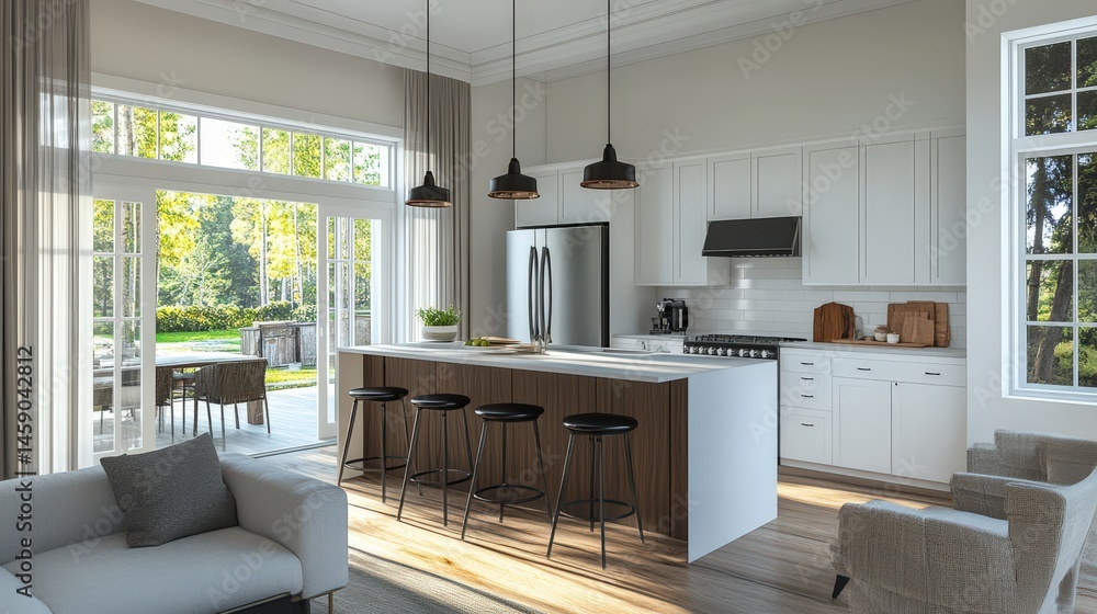 Fototapeta premium A stylish open-concept kitchen merging seamlessly with the living area, featuring a large island with barstools and pendant lighting