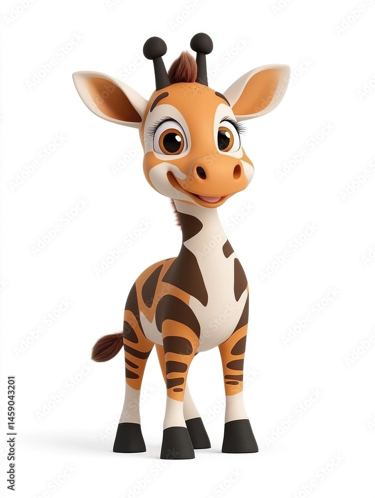 Obraz premium 3D cartoon giraffe character smiling happily with large eyes and playful expression isolated on white background