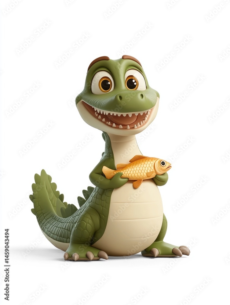 Naklejka premium 3D cartoon dinosaur holding a fish with a big smile on white background