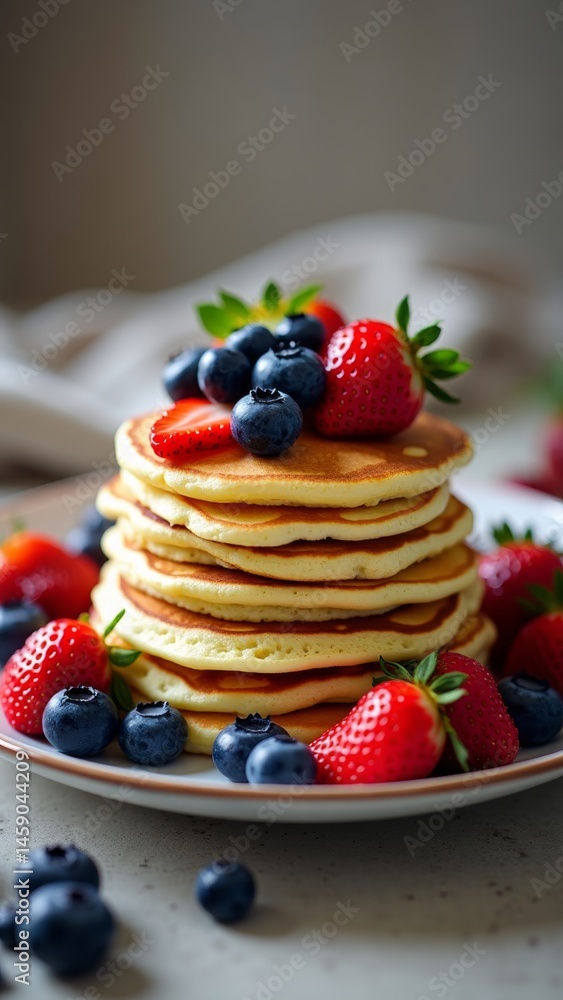 A plate of pancakes with strawberries and blueberries A plate of pancakes with strawberries and blueberries
