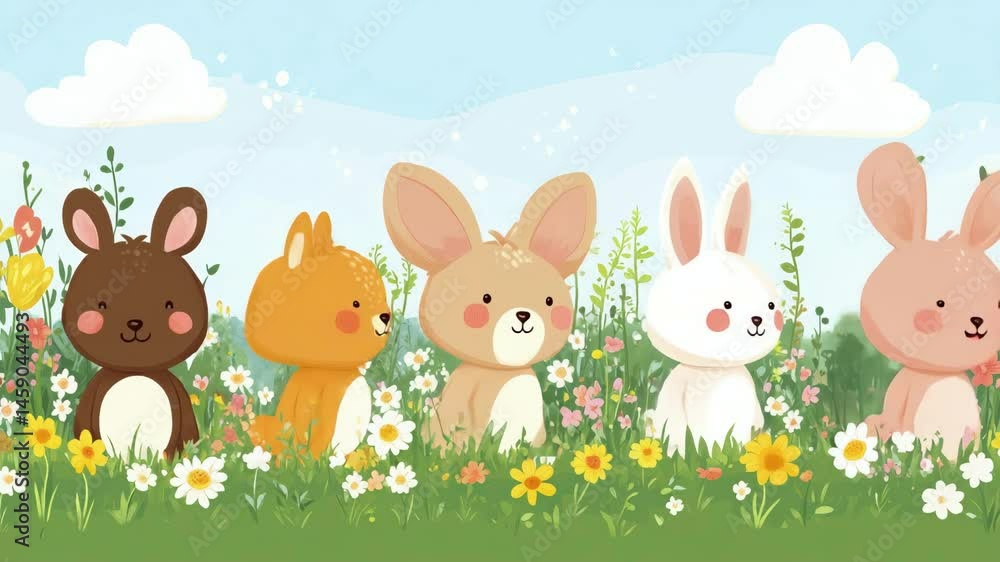Cute animals in spring meadow: bunnies and friends enjoy nature together in animated scene Cute animals in spring meadow: bunnies and friends enjoy nature together in animated scene