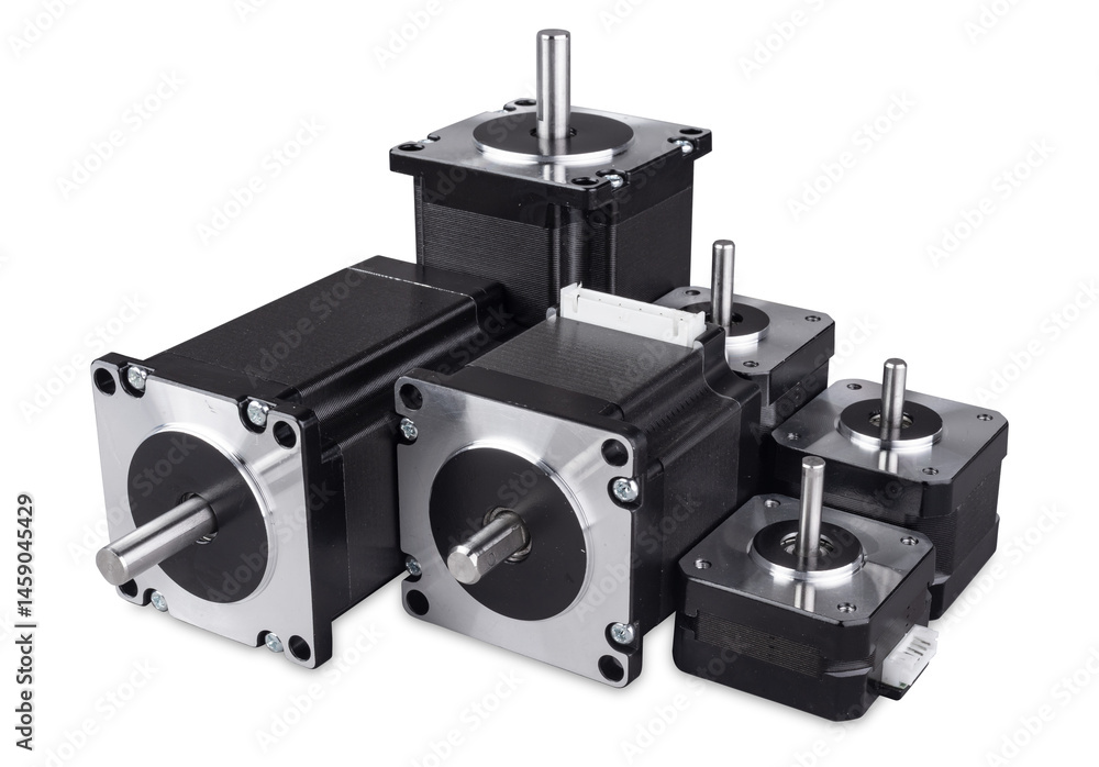 group of various stepper motor in different size and power isolated on white background. CNC diy 3d printing concept industry background.
