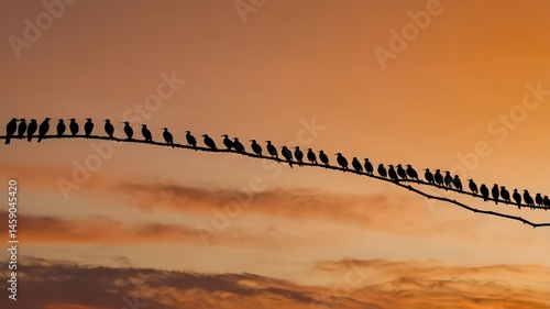 Silhouette of many birds perched on a wire against a warm sunset sky in a natural setting