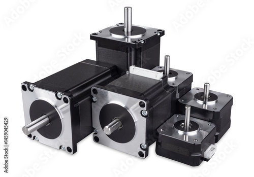 group of various stepper motor in different size and power isolated on white background. CNC diy 3d printing concept industry background.