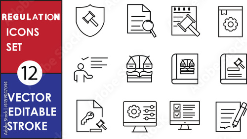 This image shows 12 editable regulation icons: shield, document search, approval, settings, user speech, scales, law book, key, gear, checklist, and pen signature