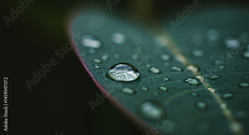 Raindrops cling to a dark green leaf reflecting the world in miniature
