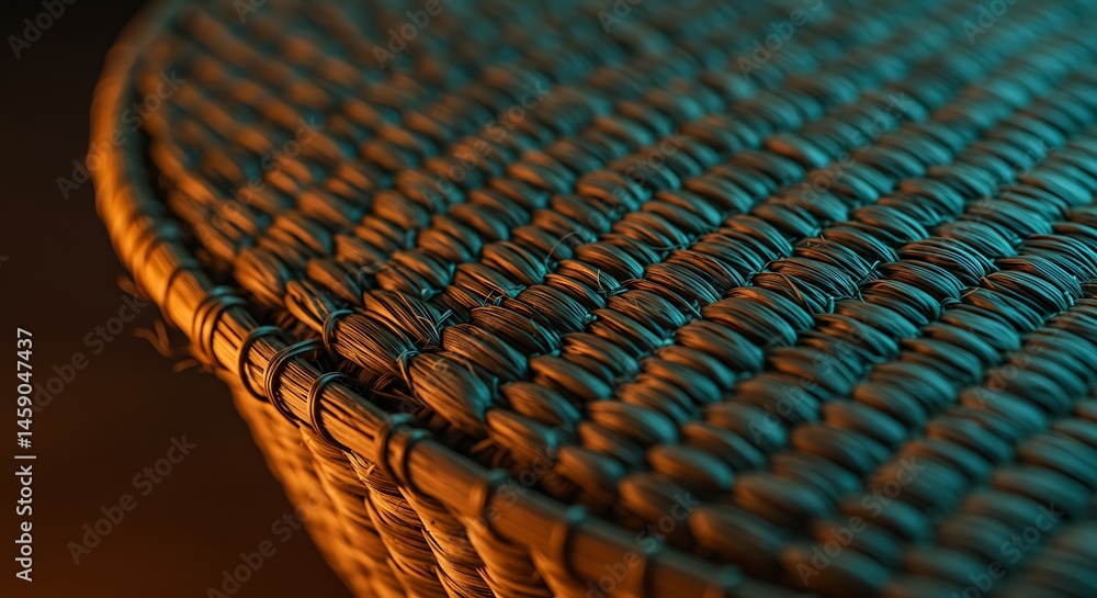 Fototapeta premium A close-up highlighting the intricate texture and pattern of a handwoven basket, illuminated by contrasting warm and cool lighting. Craftsmanship in focus.