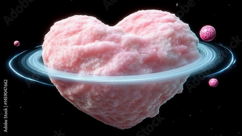 Fluffy pink heart with orbiting rings and cosmic elements in space