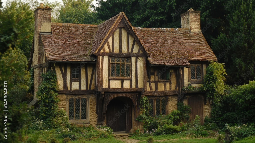 Fototapeta premium A timber-framed medieval house in England with a slanted roof, small leaded windows, and a rustic atmosphere.