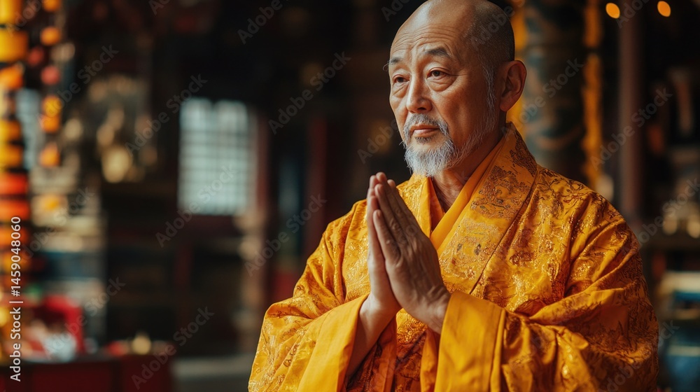 Naklejka premium Elderly man in traditional attire practicing meditation and prayer in a serene setting with a white background